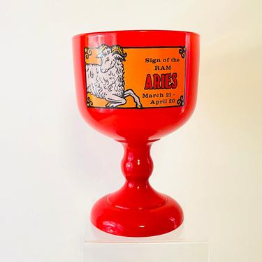 Vintage 1970s Retro Groovy Zodiac Sign Aries Ram Red Tiara Glass Cup Pedestal Mug Goblet 