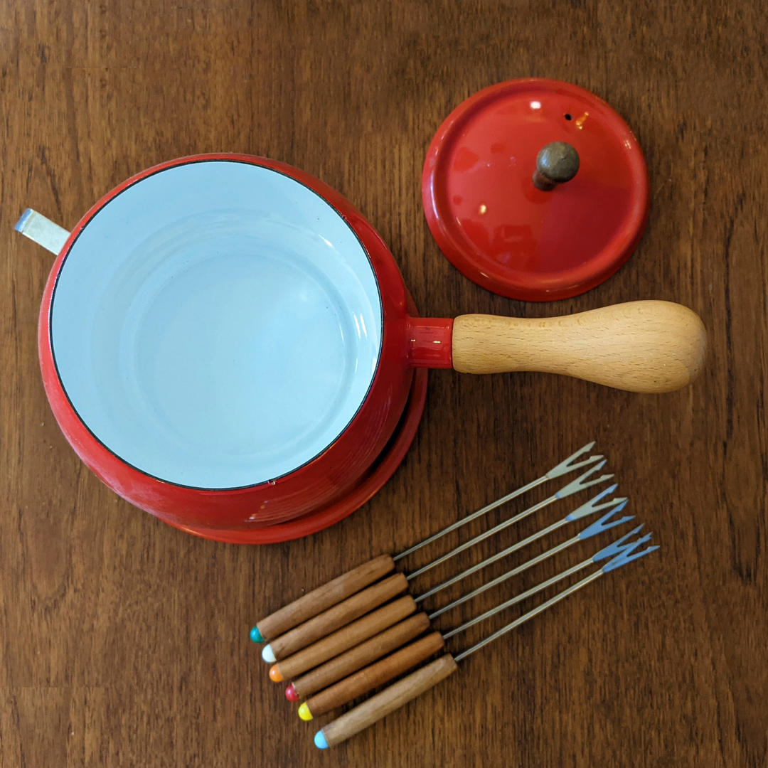 1970s red enamel fondue pot with stand and fondue forks Mid Century