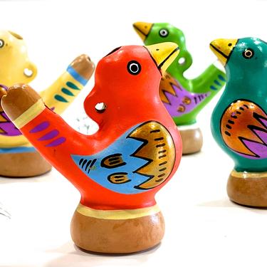 VINTAGE: 4pc - Mexican Ocarina Whistle Flute Bird Ceramic Ornaments - Pendants - Handmade - Wind Instrument - SKU 16-D1-00033178 