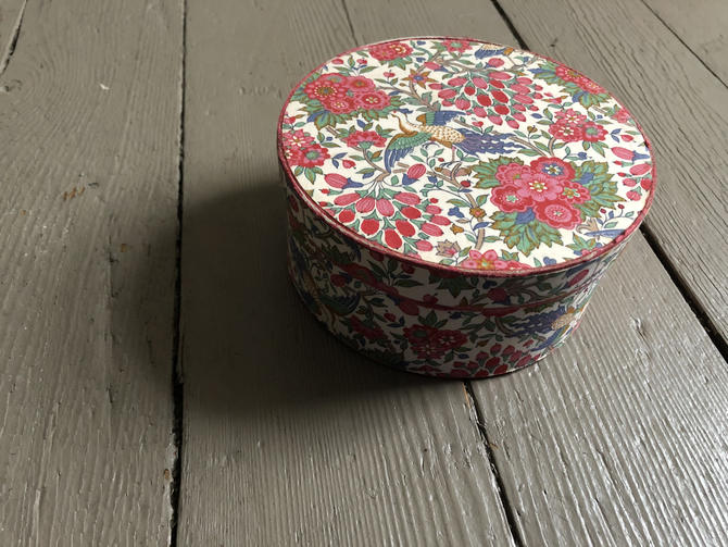 vintage Liberty of London box Liberty print box fabric covered round box floral bird print storage box by AgeofMint