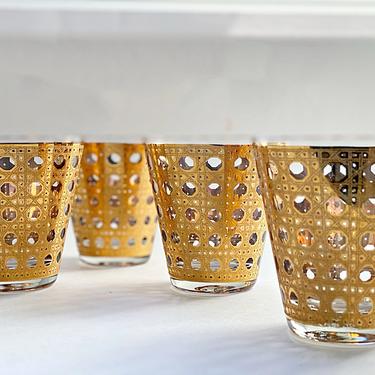 Vintage Culver gold glasses 4 Cannella double old fashioned cocktail glasses whiskey rocks glasses Hollywood Regency Home bar decor 