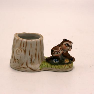 vintage bisque ceramic raccoon toothpick holder 