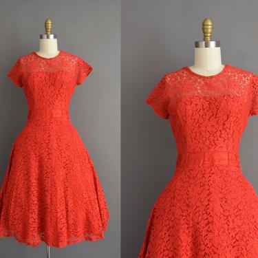 vintage 1950s dress | Candy Apple Red Cotton Lace Cocktail Party Dress | Small | 50s vintage dress 