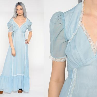 70s Boho Dress Maxi Baby Blue Long Prairie Dress Puff Sleeve Dress Flounce 1970s Bohemian Pastel Empire Vintage Hippie 