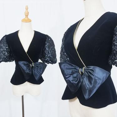 1980's Black Velvet Puff Sleeve Sequin Jacket I Shirt I Peplum I Sequins I Sz Sm I Karen Lucas for Niki 
