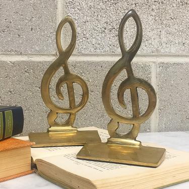 Vintage Bookends Retro 1970s Mid Century Modern + Treble Clef + Gold + Brass Metal + Music Note + Book Storage + Table Top or Shelf + Decor 