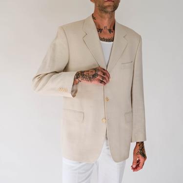 Vintage 90s Yves Saint Laurent Light Sand Tan Linen Blend Three Button Blazer | Made in France | YSL Logo Lining | 1990s YSL Designer Jacket 