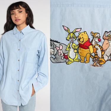 Winnie The Pooh Shirt Vintage Disney Shirt Denim Shirt Button Up Long Sleeve 90s Jean Shirt Blue Mickey Inc Extra Large xl 