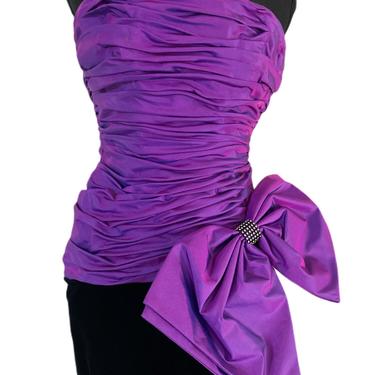 80's vintage PROM DRESS 80's prom dress purple and black cocktail dress with huge bow and ruffles ruffled size XS 0 2 