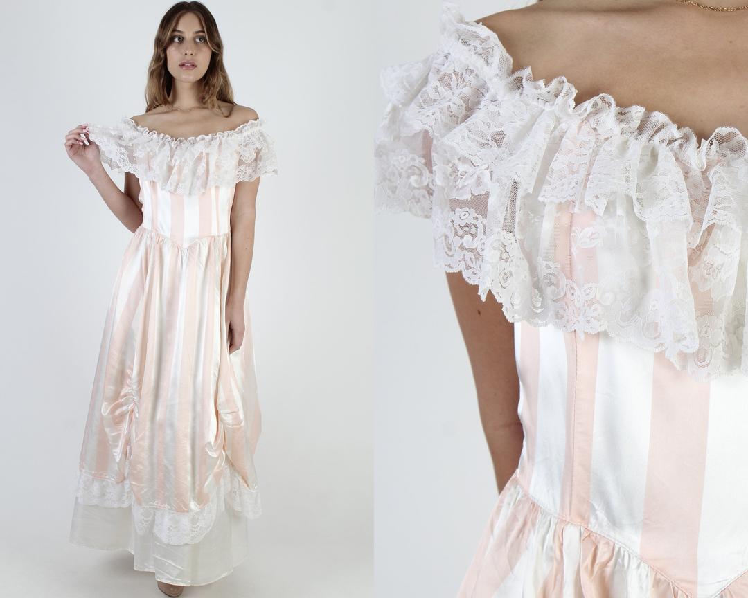 Vintage 80s Gunne Sax Pink Satin Maxi Dress / Elastic