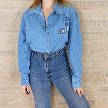 Oversized Denim Lighthouse Embroidered Button Up Shirt 