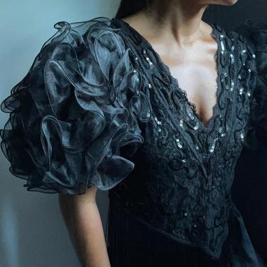vintage statement 80s pleated rosette cascading ruffled puffed sleeve noir evening blouse 
