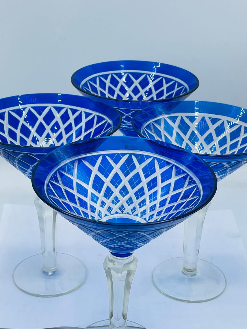 Cobalt Blue Clear Stem Large Martini Glasses Set of 7 Clear Stem Blue Bowl  Vintage Stemware 