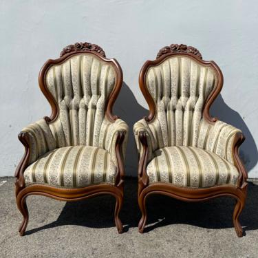 Pair of Antique Chairs Victorian French Provincial Boudoir Vanity Seating Armchairs Glam Shabby Chic Carved Wood Fabric Regency Bench Seat 