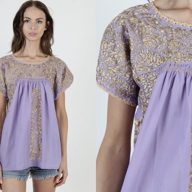 Lilac Oaxacan Top Gold Floral Hand Embroidered Crochet Lace Mexican Tunic 