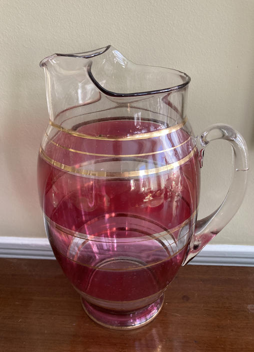 1960s, Mid-Century Modern Gold Stripe Glass Cocktail Pitcher