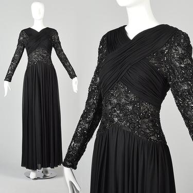 Small Sexy Formal Dress Victoria Royal Floor Length Black Gown with Illusion Beaded Sleeves Flowy Maxi Dress Vintage 1970s 70s 