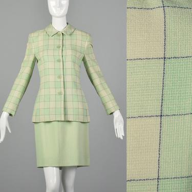 Small Oscar de la Renta 1980s Skirt Suit Windowpane Plaid Blazer Green Vintage Skirt Suit 80s Wool Crepe Suit 