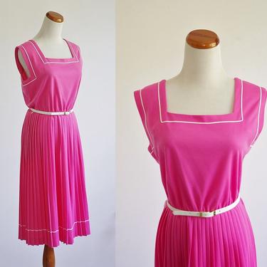 Vintage Pleated Dress, 80s Knit Dress, Dress and Jacket Set, Square Neckline Dress, 1980s Sleeveless Dress, Large XL 