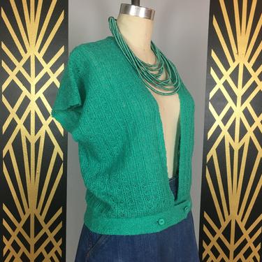 1980s knit vest, vintage cardigan, cap sleeves, plunging neckline, jade green boucle, medium, specialty house, open front sweater, retro top 