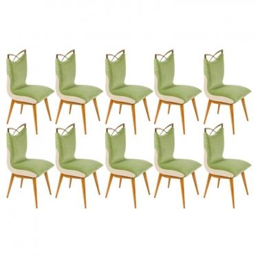 Set of Ten Dining Chairs with Velvet Upholstery &amp; Brass Detailing