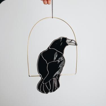 The Raven - Stained Glass Bird with Brass Detail, Bird Wall Hanging Decor 