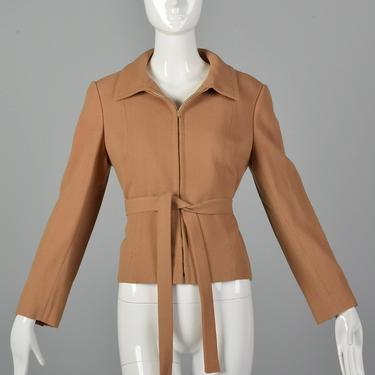 Small 1970s Camel Crepe Jacket with Belt Saks Fifth Avenue Jacket Autumn Jacket 70s Minimalist Wool Crepe Coat 