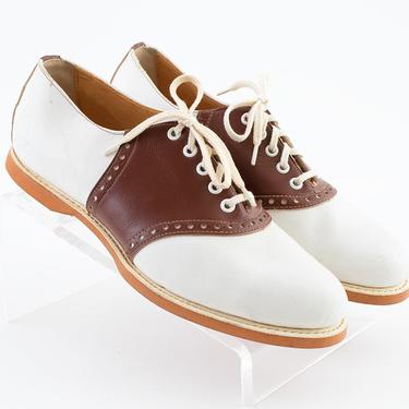 Vintage 1950s Shoes | 50s Saddle Shoes Leather White Brown Lace Up Spectator Oxfords (US 8) 