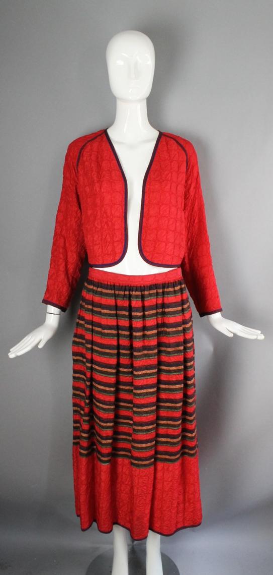 70s GEOFFREY BEENE crinkle silk 2 pc dress outfit w/ bolero Ritual