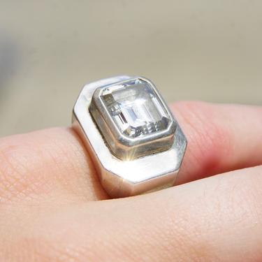 Vintage M&J Savitt Sterling Silver Cubic Zirconium Cocktail Ring, Chunky Silver Ring With Emerald Cut CZ Diamond, 925 Jewelry, Size 6 1/2 US 