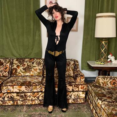 70’s BLACK JUMPSUIT - low v neck - Fredrick’s of Hollywood - medium 