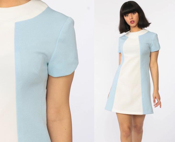 60s 70s Mod Navy Blue Color Block Mini Dress - Small – Flying