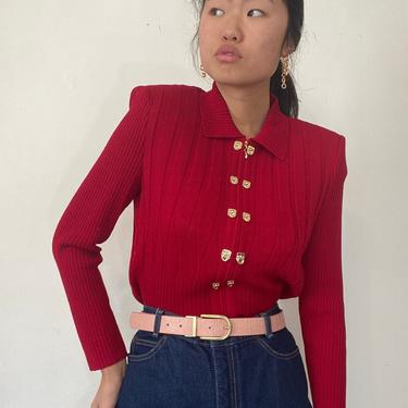 80s St John knit cardigan sweater / vintage red wool Santana knit collared zip front brass toggle cardigan sweater | M 