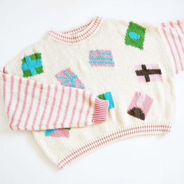 Vintage 90s Abstract Shapes Knit Sweater S M - 1990s Baggy Boxy Knit Pullover Jumper - Striped Sweater - Kawaii Harajuku Pink Sweater 
