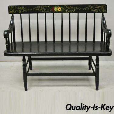 Antique American Colonial Windsor Style Small Black 42" Hitchcock Style Bench