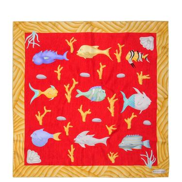 Bvlgari - Red &amp; Golden Silk Fish Print Scarf