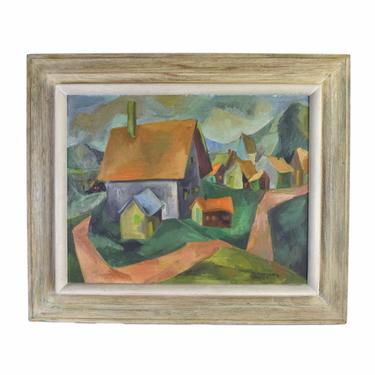 Vintage 1940’s Cubist Regional Painting Landscape w Buildings sgd Pomerance 