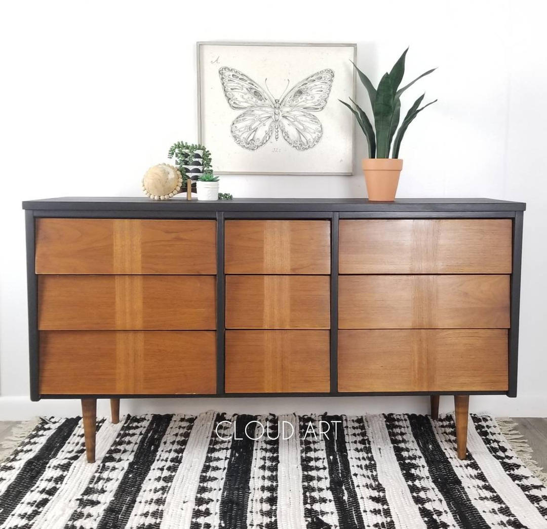 Midcentury Boho Rainbow Modern 4 Louvered Angled Drawer Dresser By