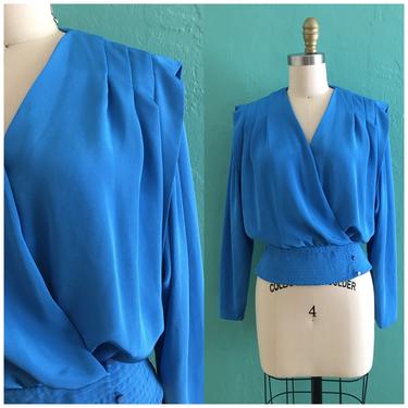 vintage 80's blue wrap blouse // blue top 