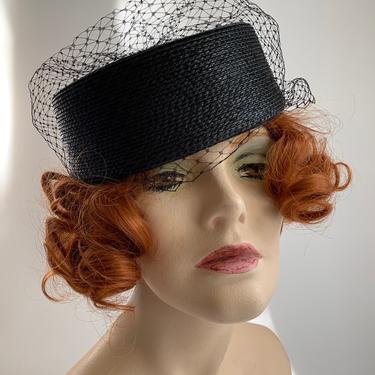 1960'S Pill Box Hat - Black Straw with Netted Veil & Bow - Excellent Condition 