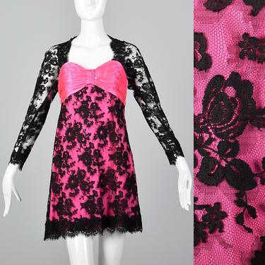 XS Travilla YT Hot Pink Dress Sheer Black Lace Overlay Rouched Bow Party Club Vintage 1980s 