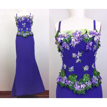Vintage FE ZANDI Couture Purple Flower Encrusted Gown Skirt and Top Evening Dress Set Designer Beverly Hills Hollywood Glam! 