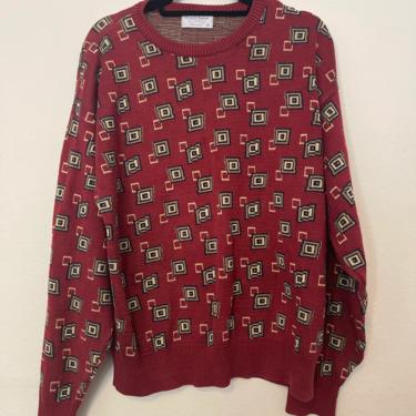 4) vintage dad sweater grandpa burgundy red geometric pattern knit oversized 90s 80s 1990s 1980s 