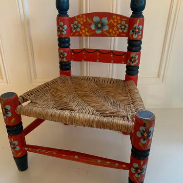 Vintage Mexican Childs Chair with Rush Seat Mexican Folk Art Chairs Kids Chairs 