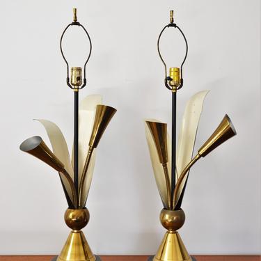 Vintage Mid-Century Modern Cat Tail Table Lamps in Black and Brass by Laurel Lamp Co. - Pair 
