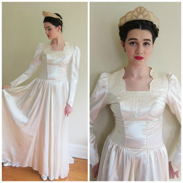 knee length dresses for ladies Vintage 80s Satin A-Line Wedding Gown with Puff Sleeves  Call Me The Breeze
