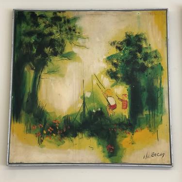 Vintage mid century modern signed framed painting children retro abstract deco framed signed scenic green yellow bright colors 