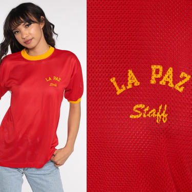 Mesh Shirt La Paz Staff T Shirt 80s TShirt Red Ringer Tee Shirt Athletic Shirt Vintage 1980s Sports Yellow Champion Shirt Small Medium 