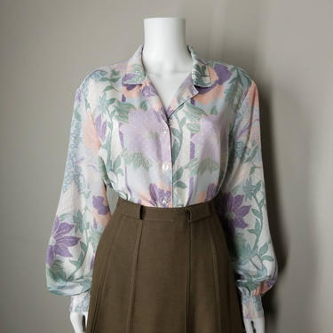 Vintage Pastel Blouse, Large / Spring Floral Long Sleeve Blouse / Silky Jacquard Collared Button Up Shirt / Lavender Purple Sage Dressy Top 