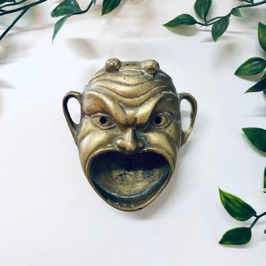 Vintage Brass Devil Ashtray, Wide Mouth Devil Tray, Made in Italy, Incense Burner, Brass Coin Dish, Catch All Dish 